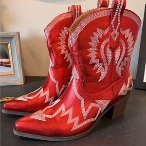 Red Western Ankle Boots with White Stitching